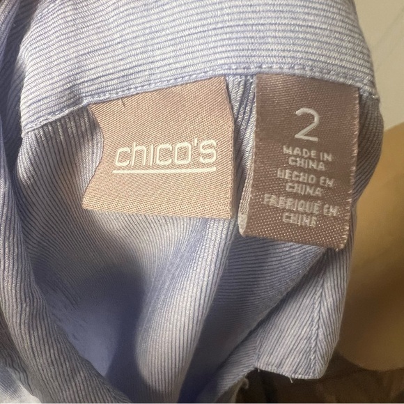 Chico’s light blue with faint  stripes, tie waist sheer button down, Chico’s 2 - Picture 8 of 9